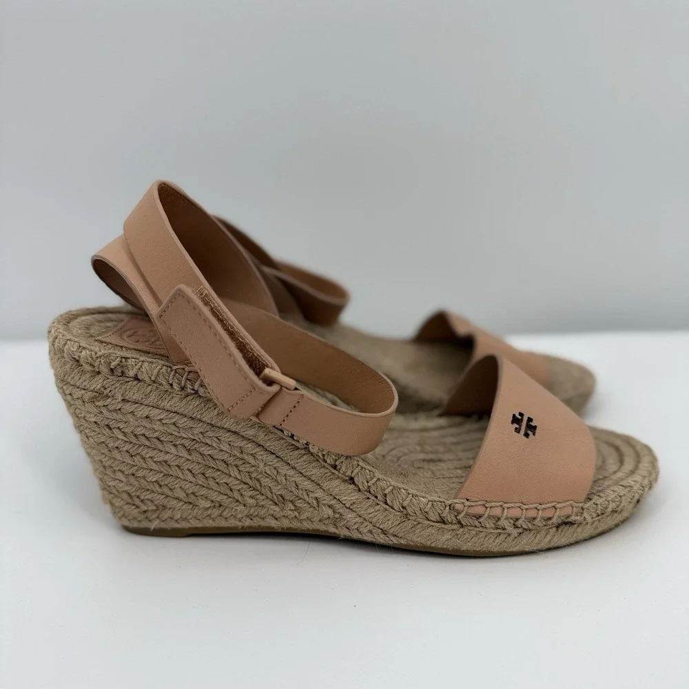 Tory Burch Nude Leather Espadrille Wedge Sandals with Ankle Strap